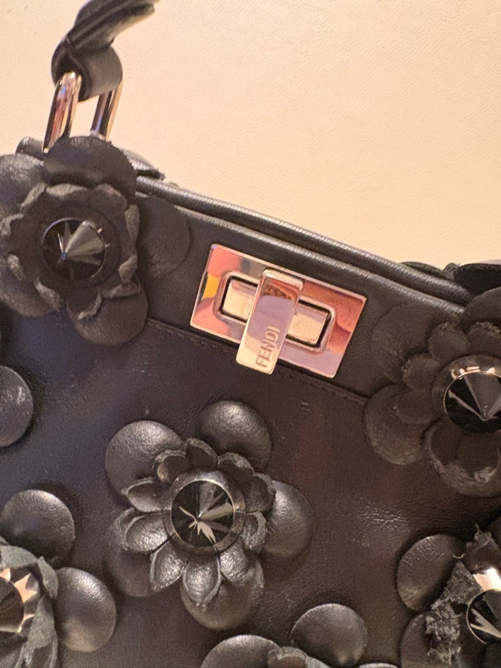Fendi Peekaboo Mini Floral Appliqué Leather Bag – Black - Picture 2 of 12